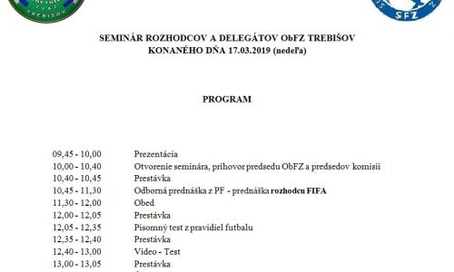 Program seminára rozhodcov a delegátov (Trebišov, 17.03.2019)